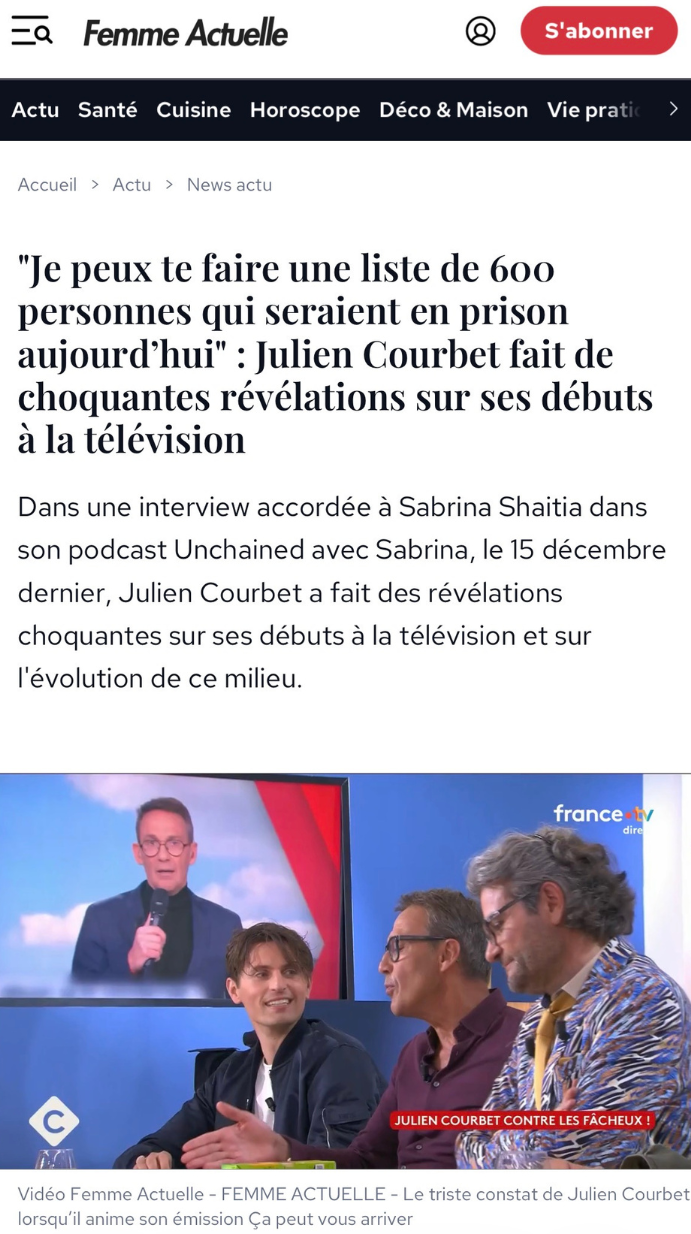 Capture d'écran de l'article Femme Actuelle sur l'épisode Julien Courbet d'Unchained