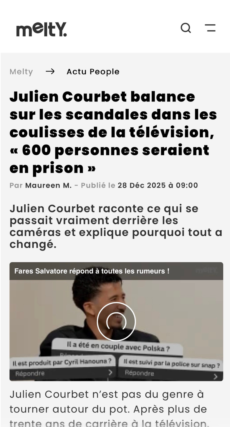 Capture d'écran de l'article Melty sur l'épisode Julien Courbet d'Unchained